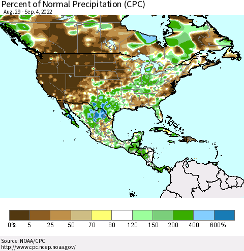 North America Percent of Normal Precipitation (CPC) Thematic Map For 8/29/2022 - 9/4/2022