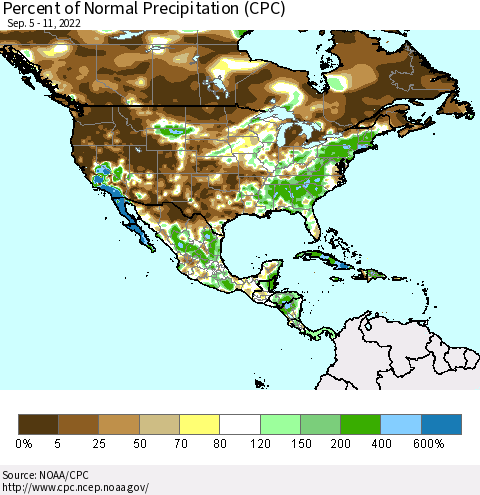 North America Percent of Normal Precipitation (CPC) Thematic Map For 9/5/2022 - 9/11/2022