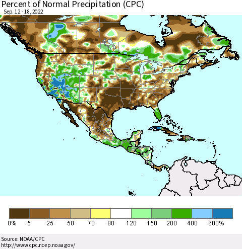 North America Percent of Normal Precipitation (CPC) Thematic Map For 9/12/2022 - 9/18/2022