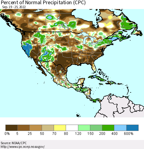 North America Percent of Normal Precipitation (CPC) Thematic Map For 9/19/2022 - 9/25/2022