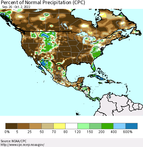 North America Percent of Normal Precipitation (CPC) Thematic Map For 9/26/2022 - 10/2/2022