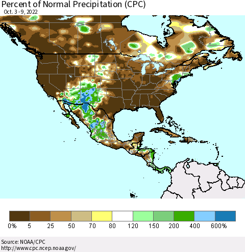 North America Percent of Normal Precipitation (CPC) Thematic Map For 10/3/2022 - 10/9/2022