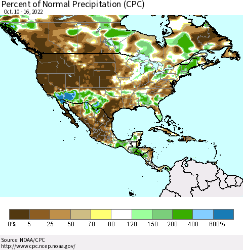 North America Percent of Normal Precipitation (CPC) Thematic Map For 10/10/2022 - 10/16/2022