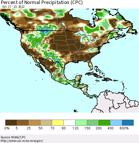 North America Percent of Normal Precipitation (CPC) Thematic Map For 10/17/2022 - 10/23/2022