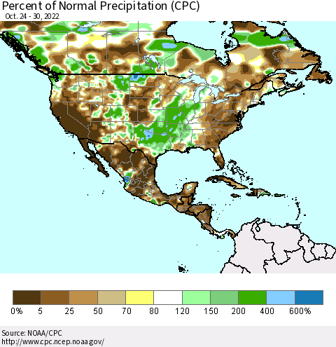 North America Percent of Normal Precipitation (CPC) Thematic Map For 10/24/2022 - 10/30/2022