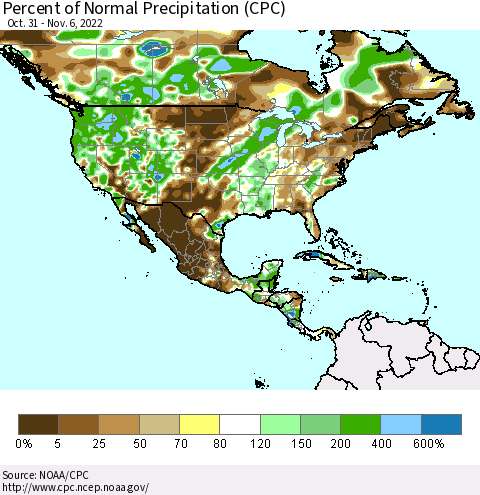 North America Percent of Normal Precipitation (CPC) Thematic Map For 10/31/2022 - 11/6/2022
