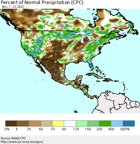 North America Percent of Normal Precipitation (CPC) Thematic Map For 11/7/2022 - 11/13/2022