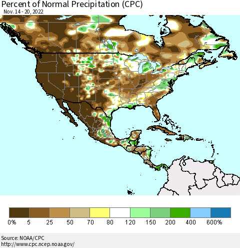North America Percent of Normal Precipitation (CPC) Thematic Map For 11/14/2022 - 11/20/2022