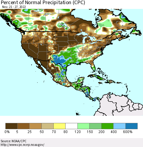 North America Percent of Normal Precipitation (CPC) Thematic Map For 11/21/2022 - 11/27/2022
