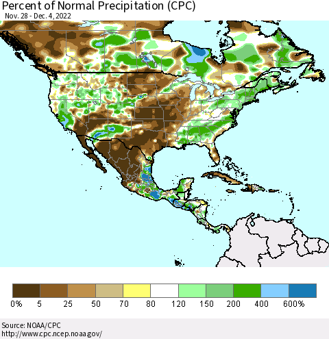 North America Percent of Normal Precipitation (CPC) Thematic Map For 11/28/2022 - 12/4/2022