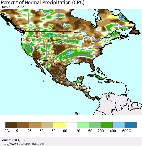 North America Percent of Normal Precipitation (CPC) Thematic Map For 12/5/2022 - 12/11/2022