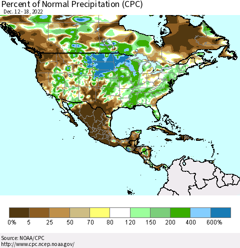 North America Percent of Normal Precipitation (CPC) Thematic Map For 12/12/2022 - 12/18/2022