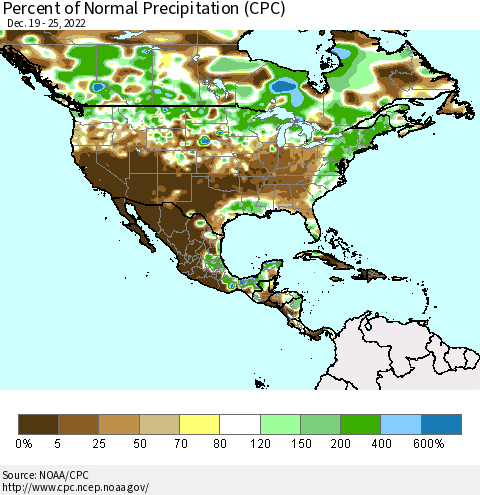 North America Percent of Normal Precipitation (CPC) Thematic Map For 12/19/2022 - 12/25/2022