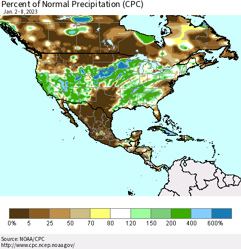 North America Percent of Normal Precipitation (CPC) Thematic Map For 1/2/2023 - 1/8/2023