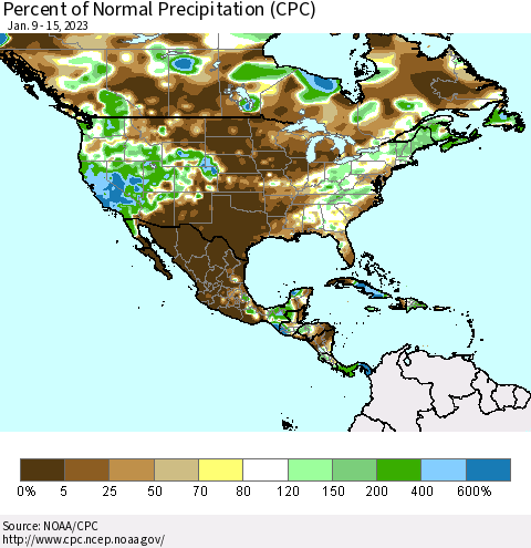 North America Percent of Normal Precipitation (CPC) Thematic Map For 1/9/2023 - 1/15/2023