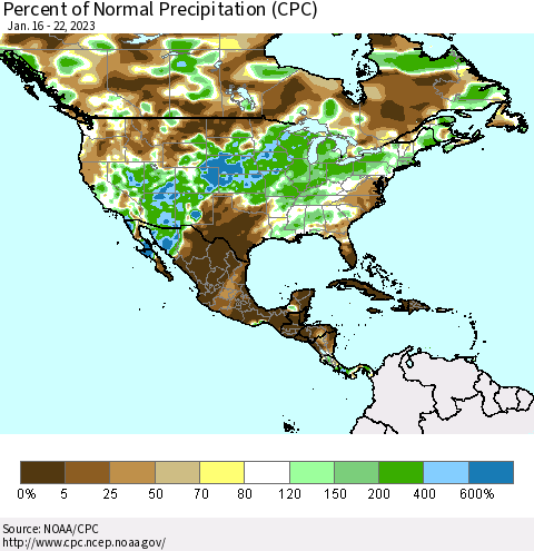 North America Percent of Normal Precipitation (CPC) Thematic Map For 1/16/2023 - 1/22/2023