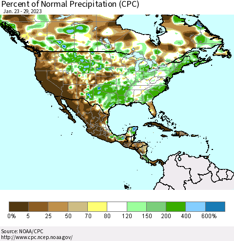 North America Percent of Normal Precipitation (CPC) Thematic Map For 1/23/2023 - 1/29/2023
