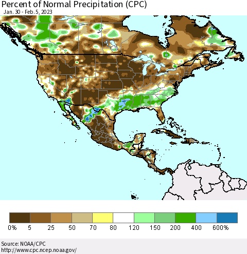 North America Percent of Normal Precipitation (CPC) Thematic Map For 1/30/2023 - 2/5/2023