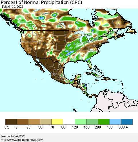 North America Percent of Normal Precipitation (CPC) Thematic Map For 2/6/2023 - 2/12/2023