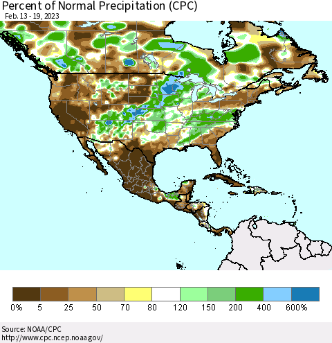 North America Percent of Normal Precipitation (CPC) Thematic Map For 2/13/2023 - 2/19/2023