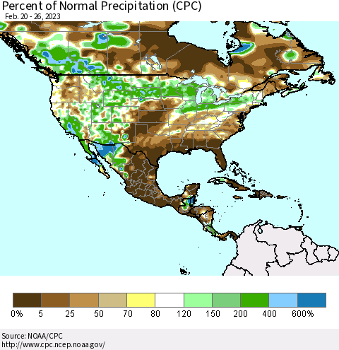 North America Percent of Normal Precipitation (CPC) Thematic Map For 2/20/2023 - 2/26/2023