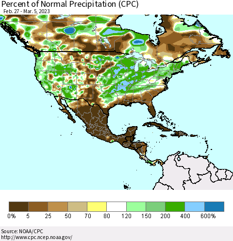 North America Percent of Normal Precipitation (CPC) Thematic Map For 2/27/2023 - 3/5/2023