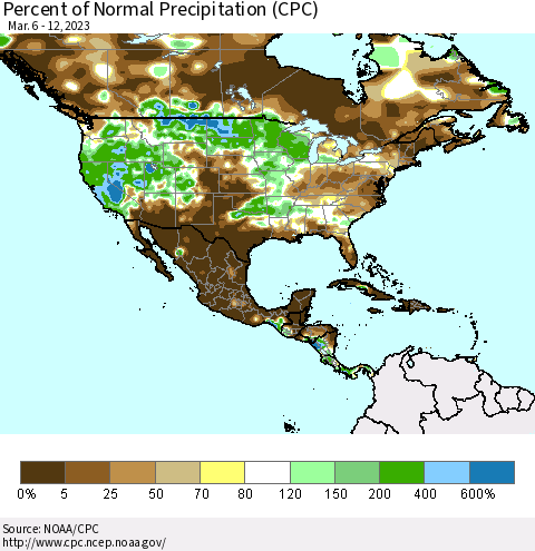 North America Percent of Normal Precipitation (CPC) Thematic Map For 3/6/2023 - 3/12/2023