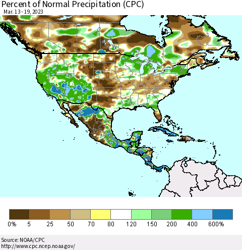 North America Percent of Normal Precipitation (CPC) Thematic Map For 3/13/2023 - 3/19/2023