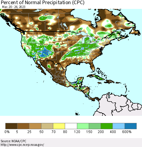 North America Percent of Normal Precipitation (CPC) Thematic Map For 3/20/2023 - 3/26/2023