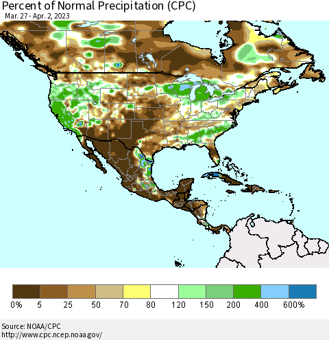 North America Percent of Normal Precipitation (CPC) Thematic Map For 3/27/2023 - 4/2/2023