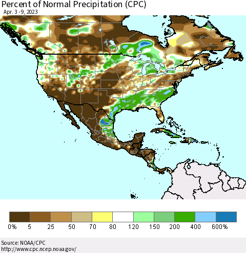 North America Percent of Normal Precipitation (CPC) Thematic Map For 4/3/2023 - 4/9/2023