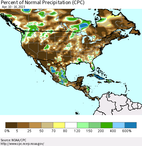 North America Percent of Normal Precipitation (CPC) Thematic Map For 4/10/2023 - 4/16/2023