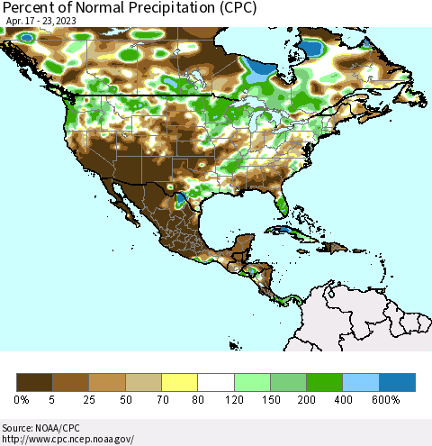 North America Percent of Normal Precipitation (CPC) Thematic Map For 4/17/2023 - 4/23/2023