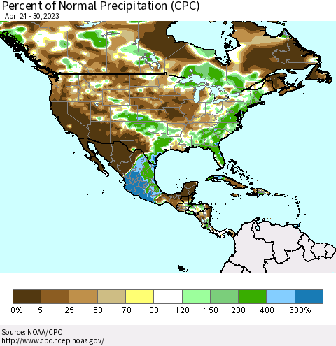 North America Percent of Normal Precipitation (CPC) Thematic Map For 4/24/2023 - 4/30/2023