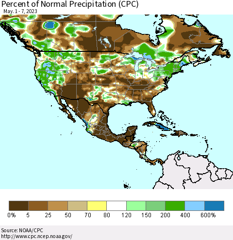 North America Percent of Normal Precipitation (CPC) Thematic Map For 5/1/2023 - 5/7/2023