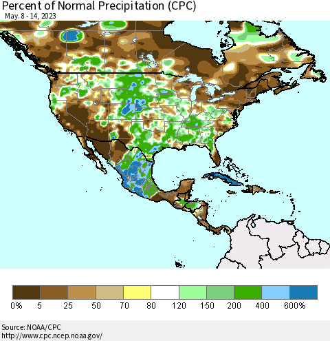 North America Percent of Normal Precipitation (CPC) Thematic Map For 5/8/2023 - 5/14/2023