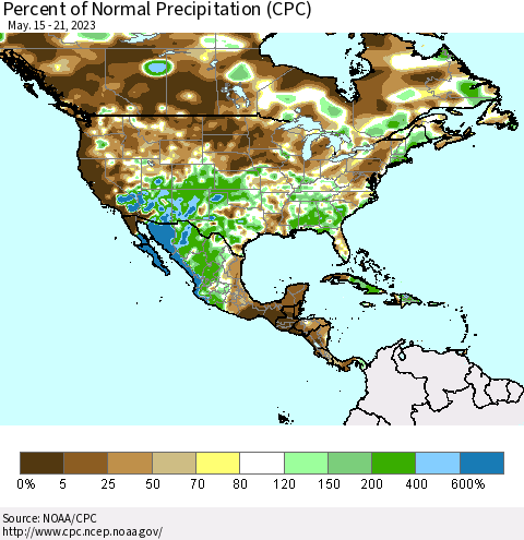 North America Percent of Normal Precipitation (CPC) Thematic Map For 5/15/2023 - 5/21/2023