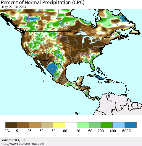 North America Percent of Normal Precipitation (CPC) Thematic Map For 5/22/2023 - 5/28/2023