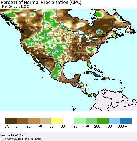 North America Percent of Normal Precipitation (CPC) Thematic Map For 5/29/2023 - 6/4/2023