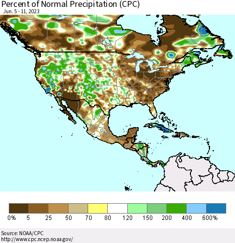 North America Percent of Normal Precipitation (CPC) Thematic Map For 6/5/2023 - 6/11/2023