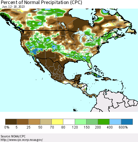 North America Percent of Normal Precipitation (CPC) Thematic Map For 6/12/2023 - 6/18/2023