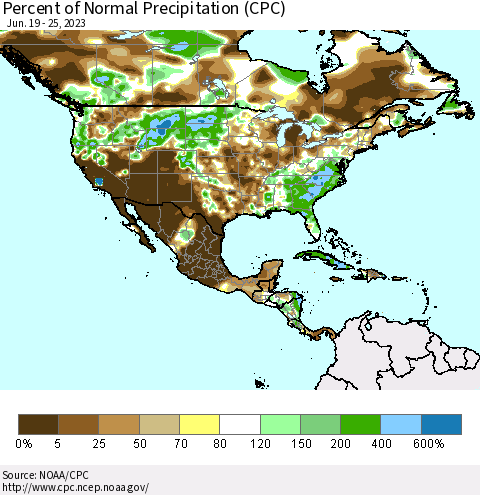 North America Percent of Normal Precipitation (CPC) Thematic Map For 6/19/2023 - 6/25/2023