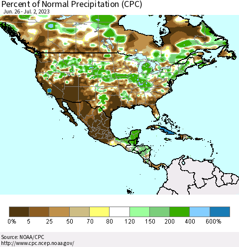 North America Percent of Normal Precipitation (CPC) Thematic Map For 6/26/2023 - 7/2/2023