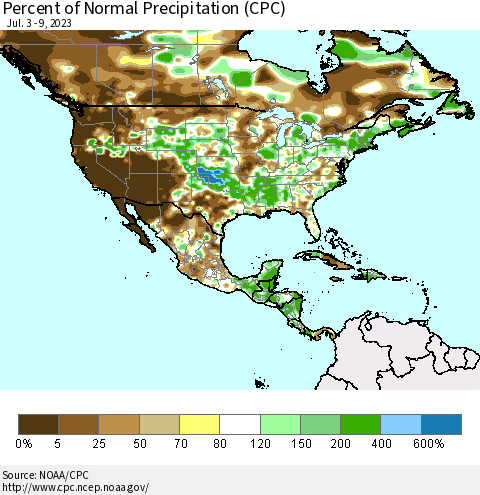 North America Percent of Normal Precipitation (CPC) Thematic Map For 7/3/2023 - 7/9/2023