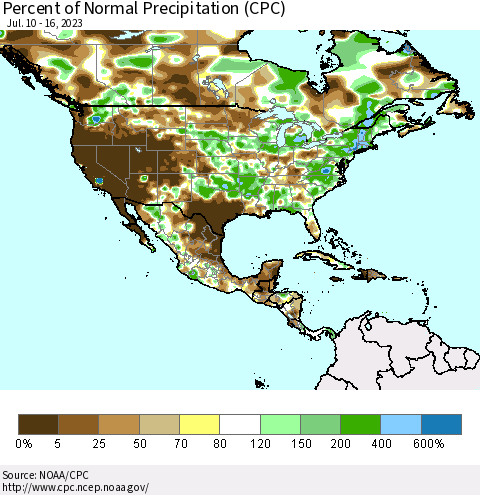 North America Percent of Normal Precipitation (CPC) Thematic Map For 7/10/2023 - 7/16/2023