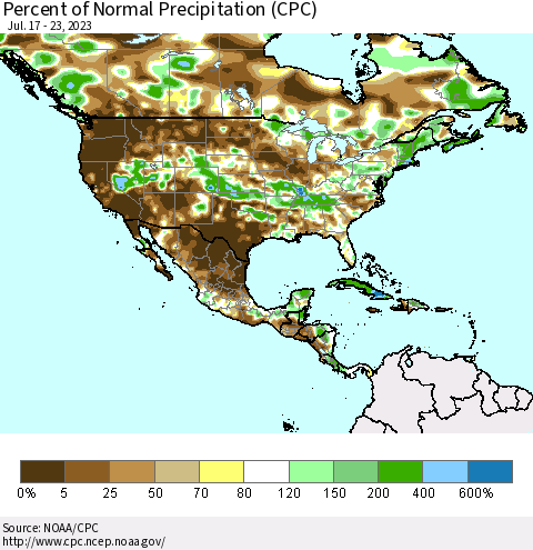 North America Percent of Normal Precipitation (CPC) Thematic Map For 7/17/2023 - 7/23/2023