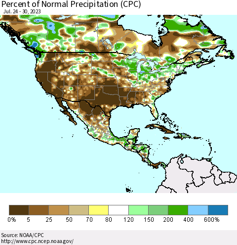 North America Percent of Normal Precipitation (CPC) Thematic Map For 7/24/2023 - 7/30/2023