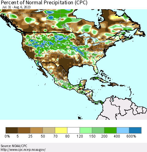 North America Percent of Normal Precipitation (CPC) Thematic Map For 7/31/2023 - 8/6/2023