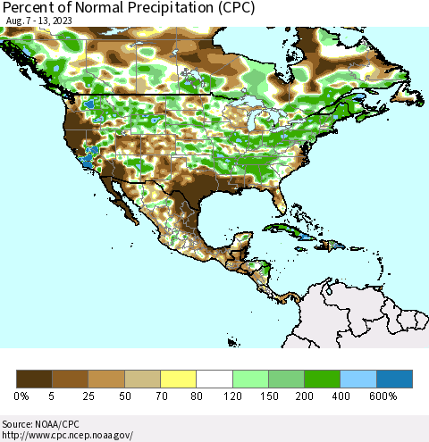 North America Percent of Normal Precipitation (CPC) Thematic Map For 8/7/2023 - 8/13/2023