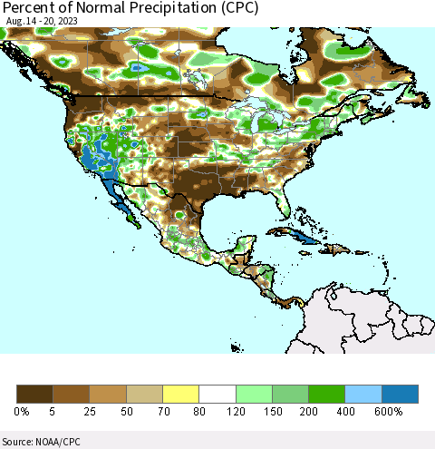 North America Percent of Normal Precipitation (CPC) Thematic Map For 8/14/2023 - 8/20/2023